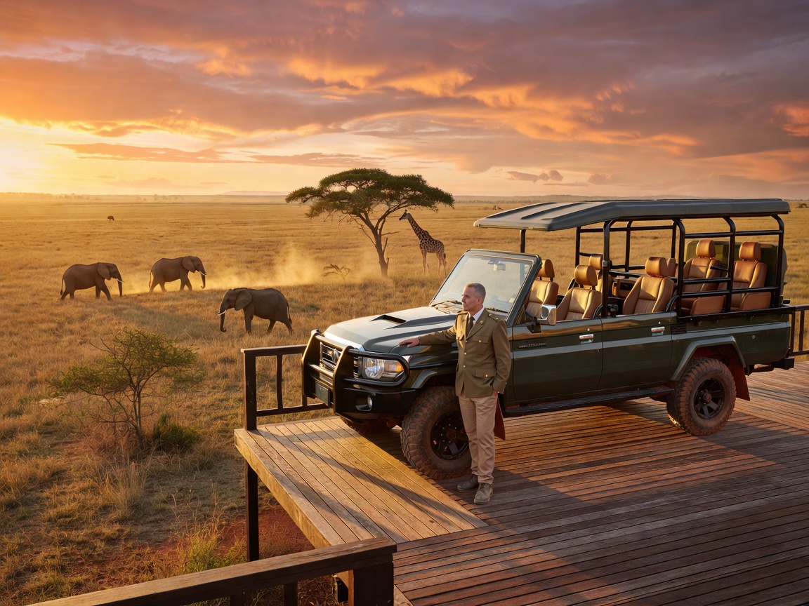 Luxury safari vehicle at an African savannah lodge viewing deck
