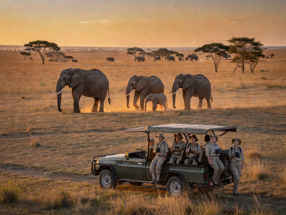 Safari guests watching elephants from a respectful distance