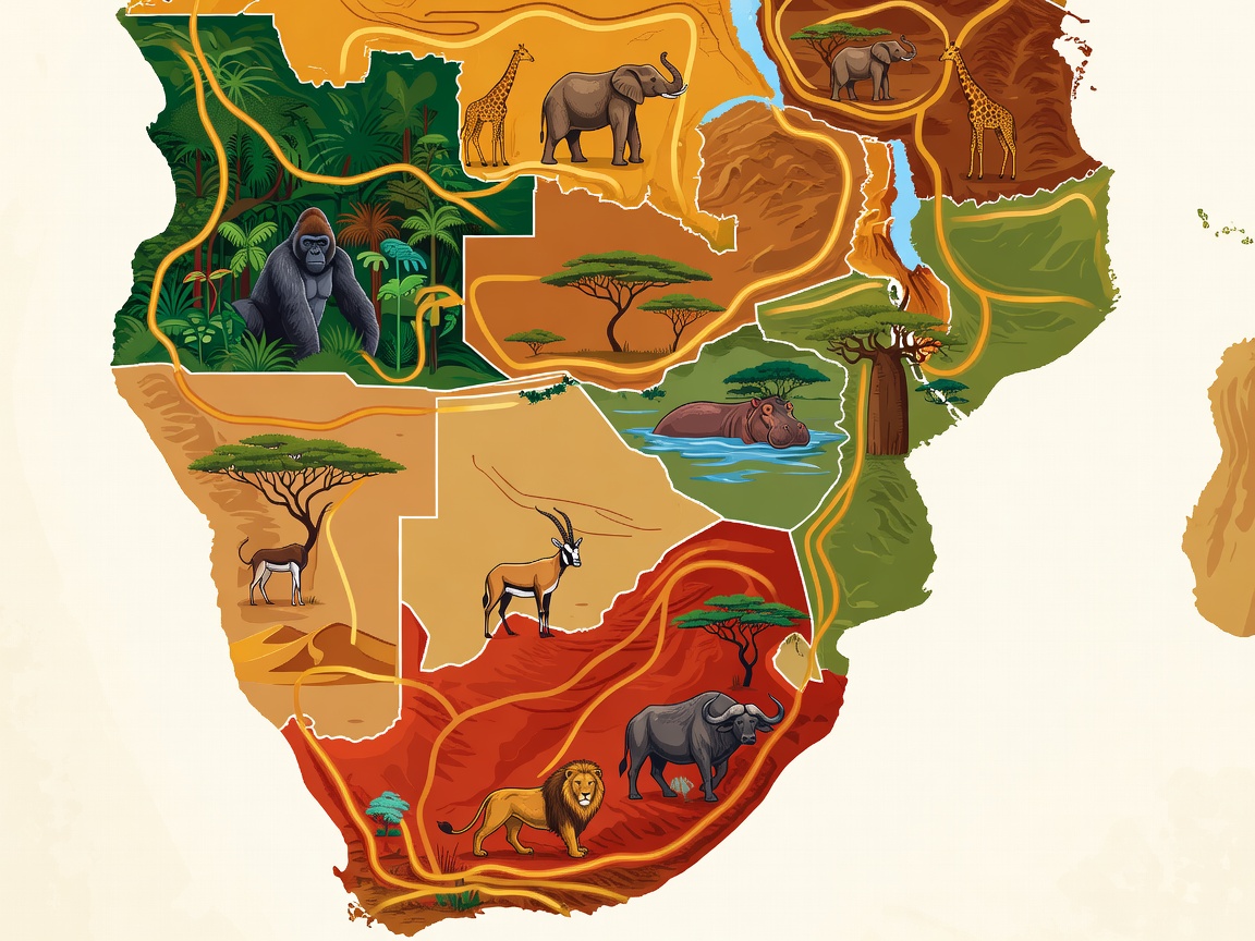 Stylised route map for Kenya Tanzania Botswana Namibia South Africa and Rwanda safari planning