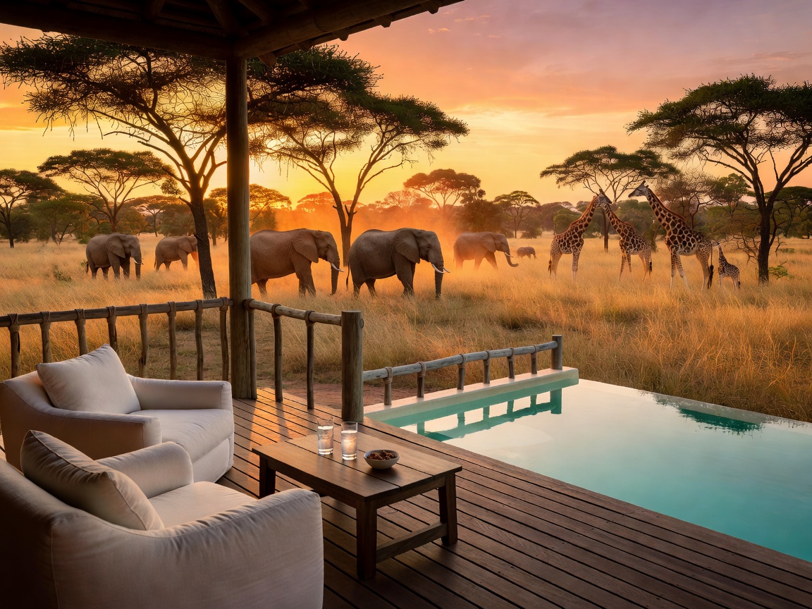 Luxury safari lodge private deck facing African bush habitat