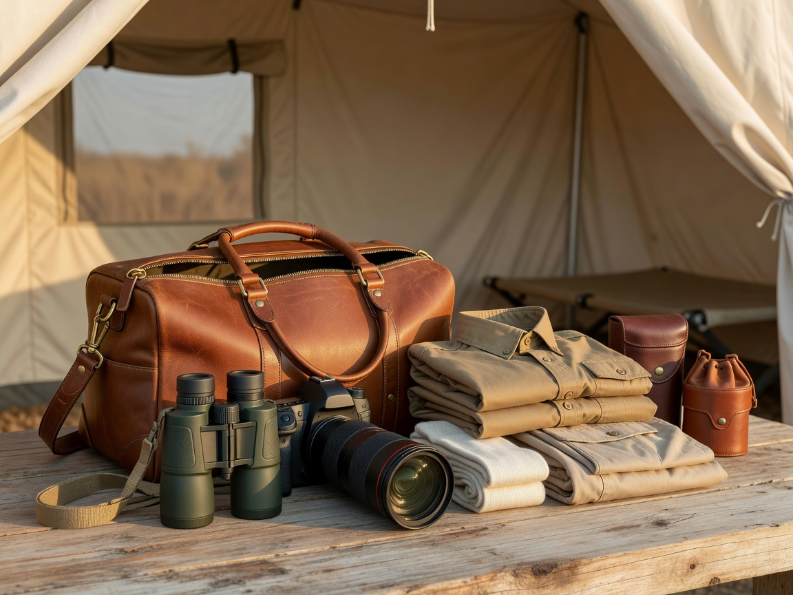 Luxury safari packing kit with soft holdall camera binoculars and neutral clothes