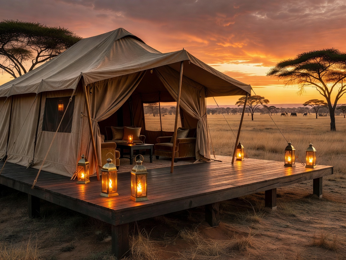 Luxury tented safari camp with deck and lanterns
