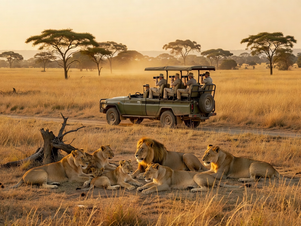 Responsible safari vehicle positioned away from lions in grassland