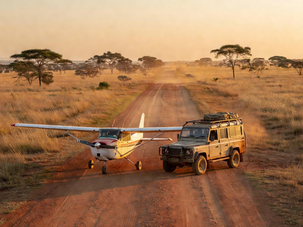 Small safari aircraft near a remote airstrip and four wheel drive transfer vehicle