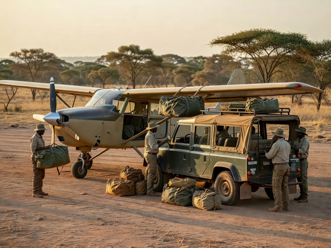 Bush flight logistics scene with small aircraft soft bags and safari transfer vehicle