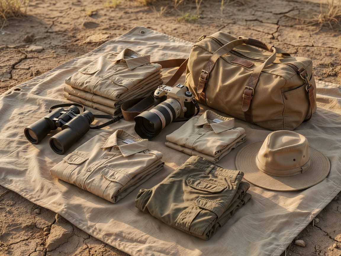 Safari packing layout with binoculars camera neutral clothing and soft bag